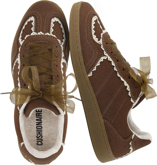 CUSHIONAIRE Belinda Women’s Lace Detail Casual Sneakers – Elegant Ribbon Lace-Up Shoes with Memory Foam