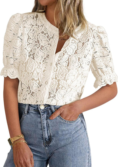 PRETTYGARDEN Womens 2026 Spring Lace Tops Short Puff Sleeve Casual Dressy Blouses Eyelet Crew Neck Button Down Shirts