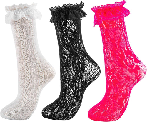 Womens Lace Ankle Socks Ruffle Frilly Dress Socks Sexy Mesh Lace Trim Lolita Sock Lacy Ruffled Bootie Sock for Woman