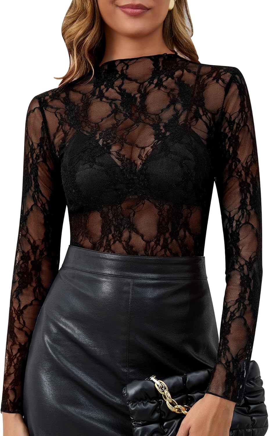 KTILG Womens Mesh Long Sleeve Top Sheer Blouse Sexy See Through Tee Shirt Lace Tops S-XXL