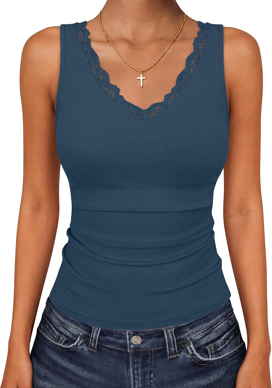 ZESICA Tank Tops for Women Summer Ribbed Knit V Neck Lace Trim Tanks Sleeveless Casual Going Out Cami Shirts 2026