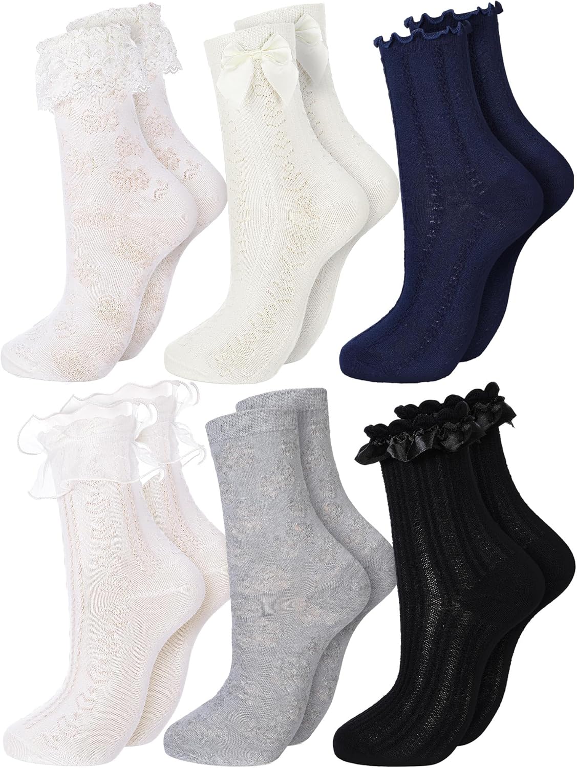 6 Pairs Ruffle Socks Women Frilly Lace Ankle Socks Cream Lolita Princess Bow Breathable