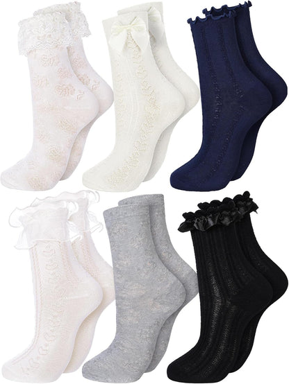6 Pairs Ruffle Socks Women Frilly Lace Ankle Socks Cream Lolita Princess Bow Breathable