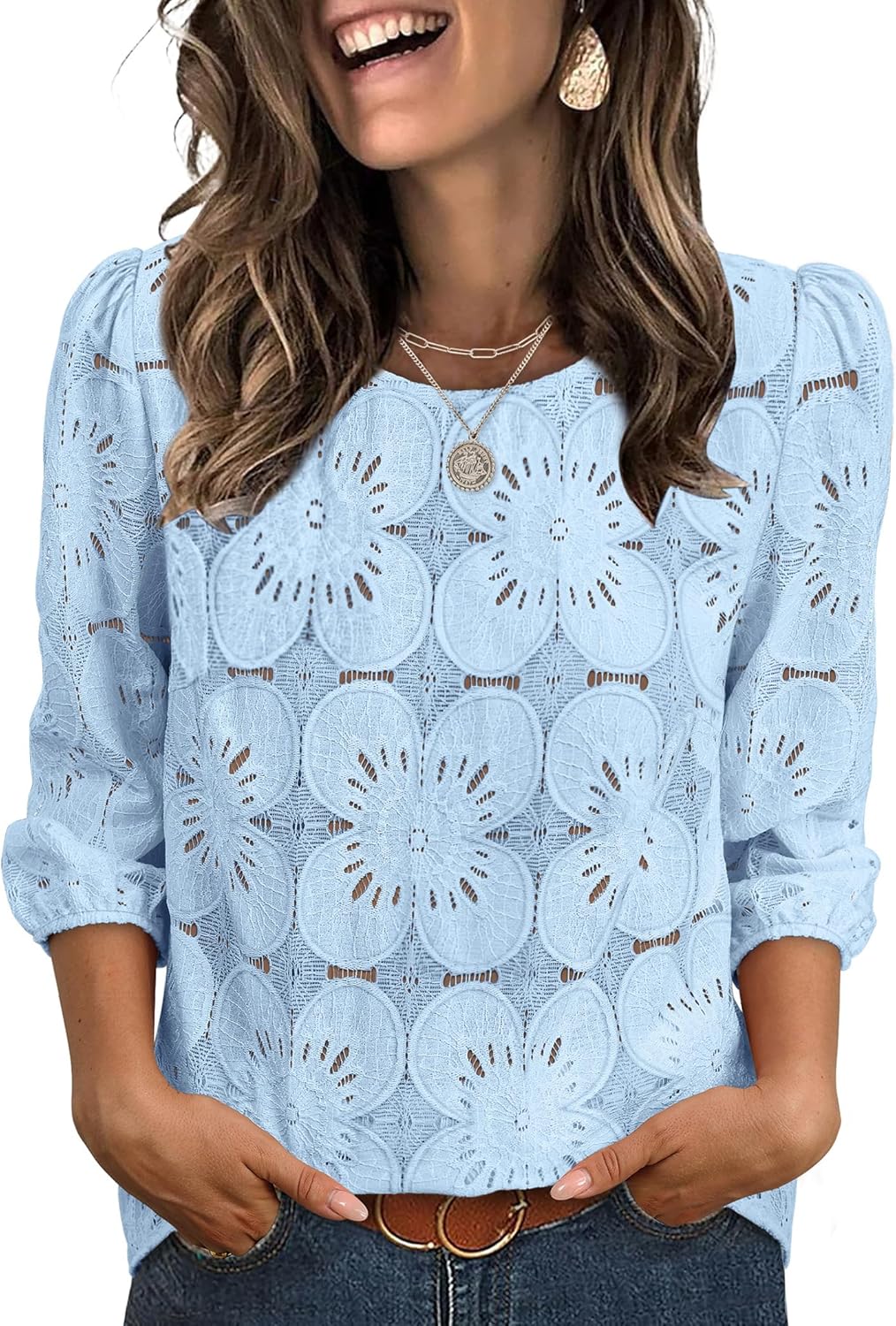 Sampeel Women Blouses Dressy Casual 3/4 Length Sleeve Tops Eyelet Lace Spring Summer Shirts Beach Vacation Clothes