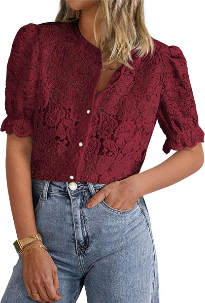 PRETTYGARDEN Womens 2026 Spring Lace Tops Short Puff Sleeve Casual Dressy Blouses Eyelet Crew Neck Button Down Shirts