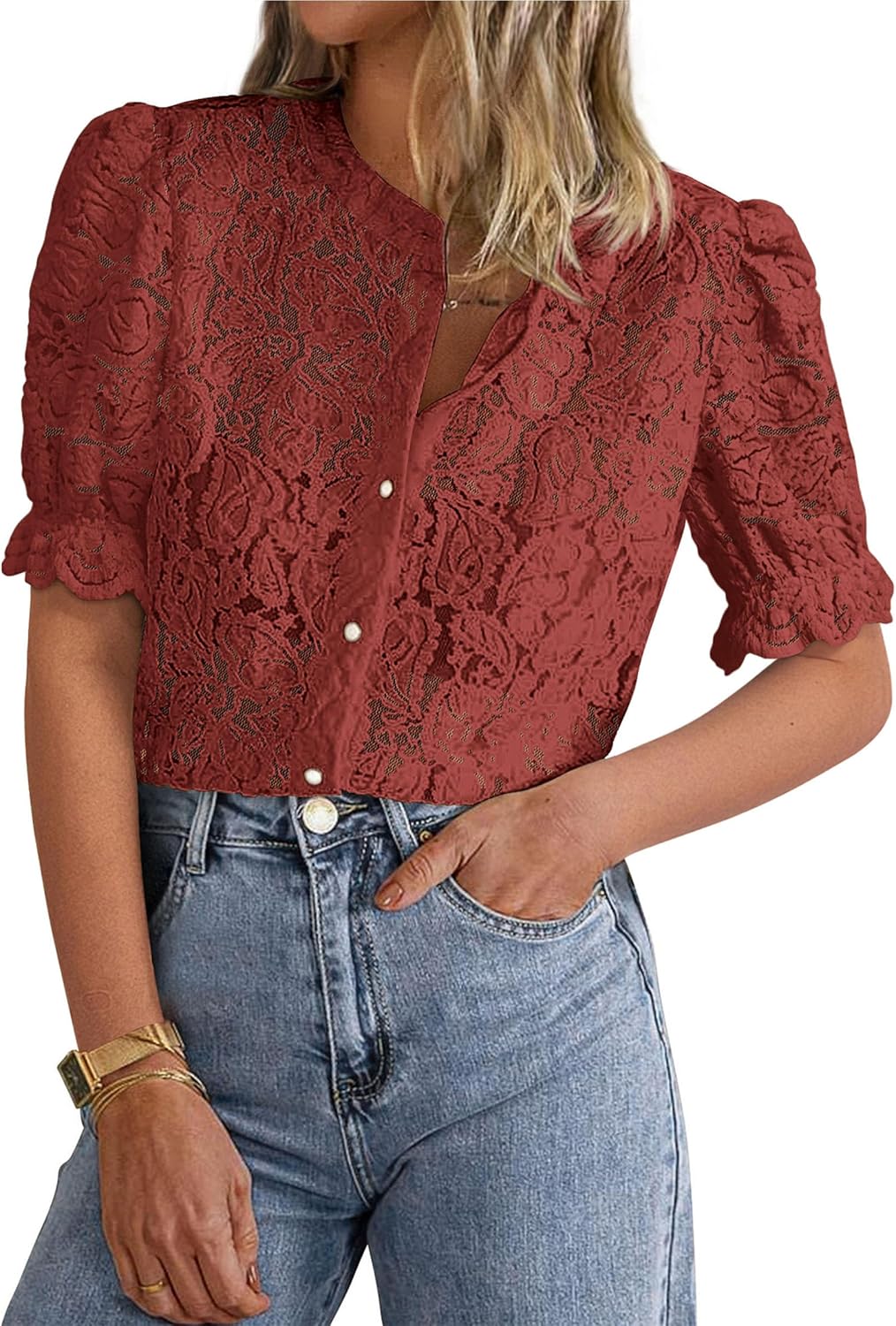 PRETTYGARDEN Womens 2026 Spring Lace Tops Short Puff Sleeve Casual Dressy Blouses Eyelet Crew Neck Button Down Shirts
