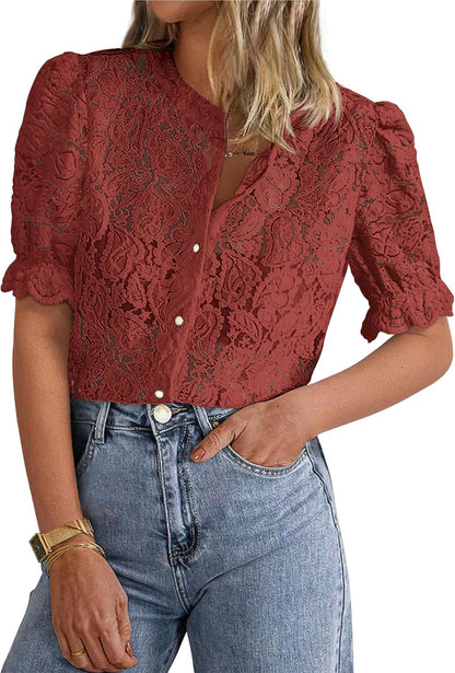 PRETTYGARDEN Womens 2026 Spring Lace Tops Short Puff Sleeve Casual Dressy Blouses Eyelet Crew Neck Button Down Shirts