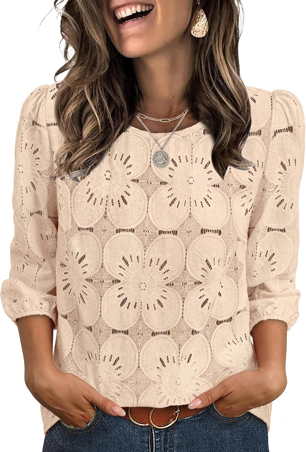 Sampeel Women Blouses Dressy Casual 3/4 Length Sleeve Tops Eyelet Lace Spring Summer Shirts Beach Vacation Clothes