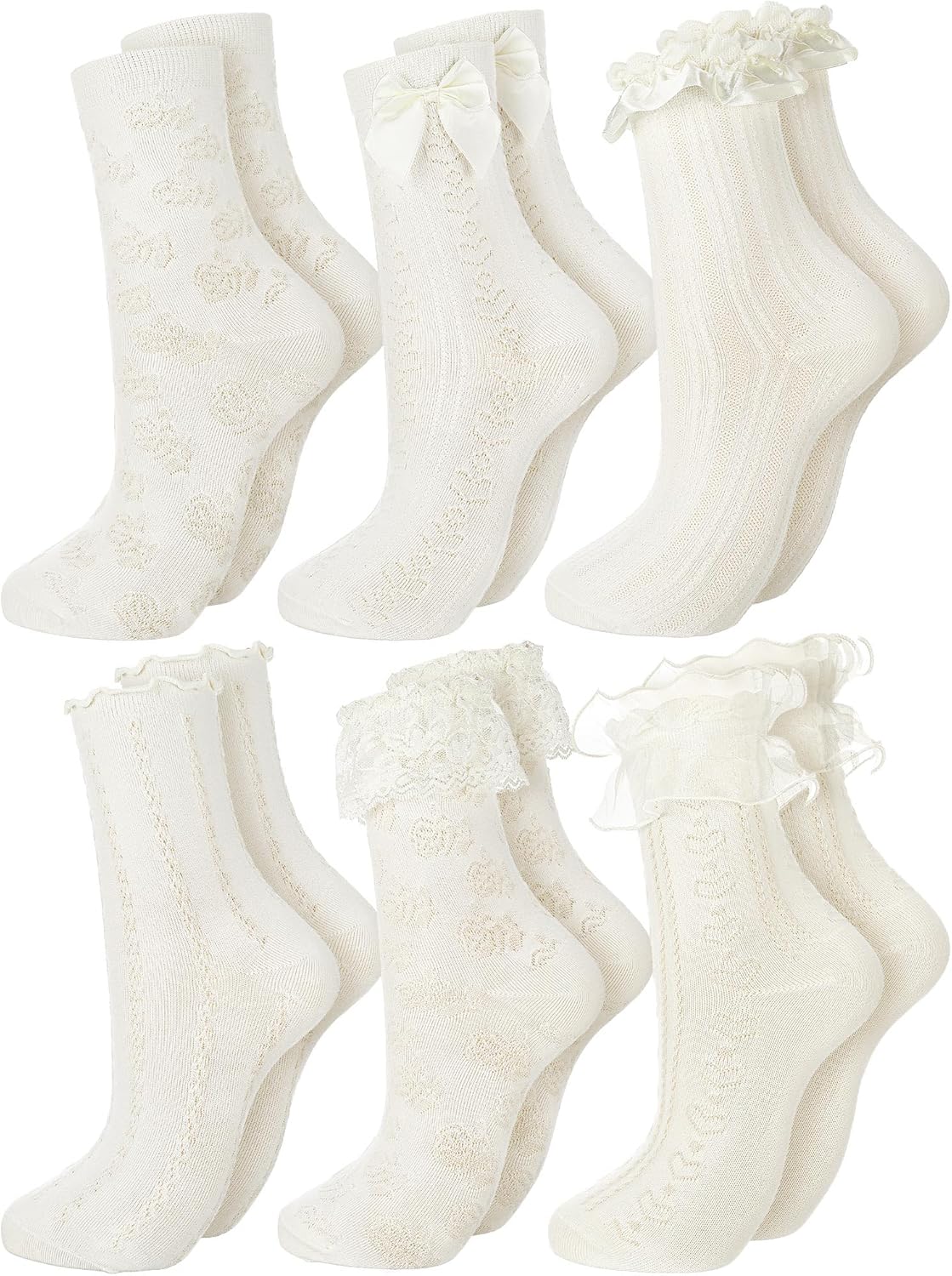 6 Pairs Ruffle Socks Women Frilly Lace Ankle Socks Cream Lolita Princess Bow Breathable