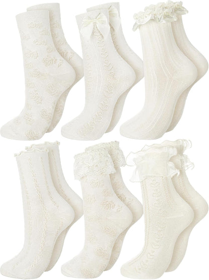 6 Pairs Ruffle Socks Women Frilly Lace Ankle Socks Cream Lolita Princess Bow Breathable
