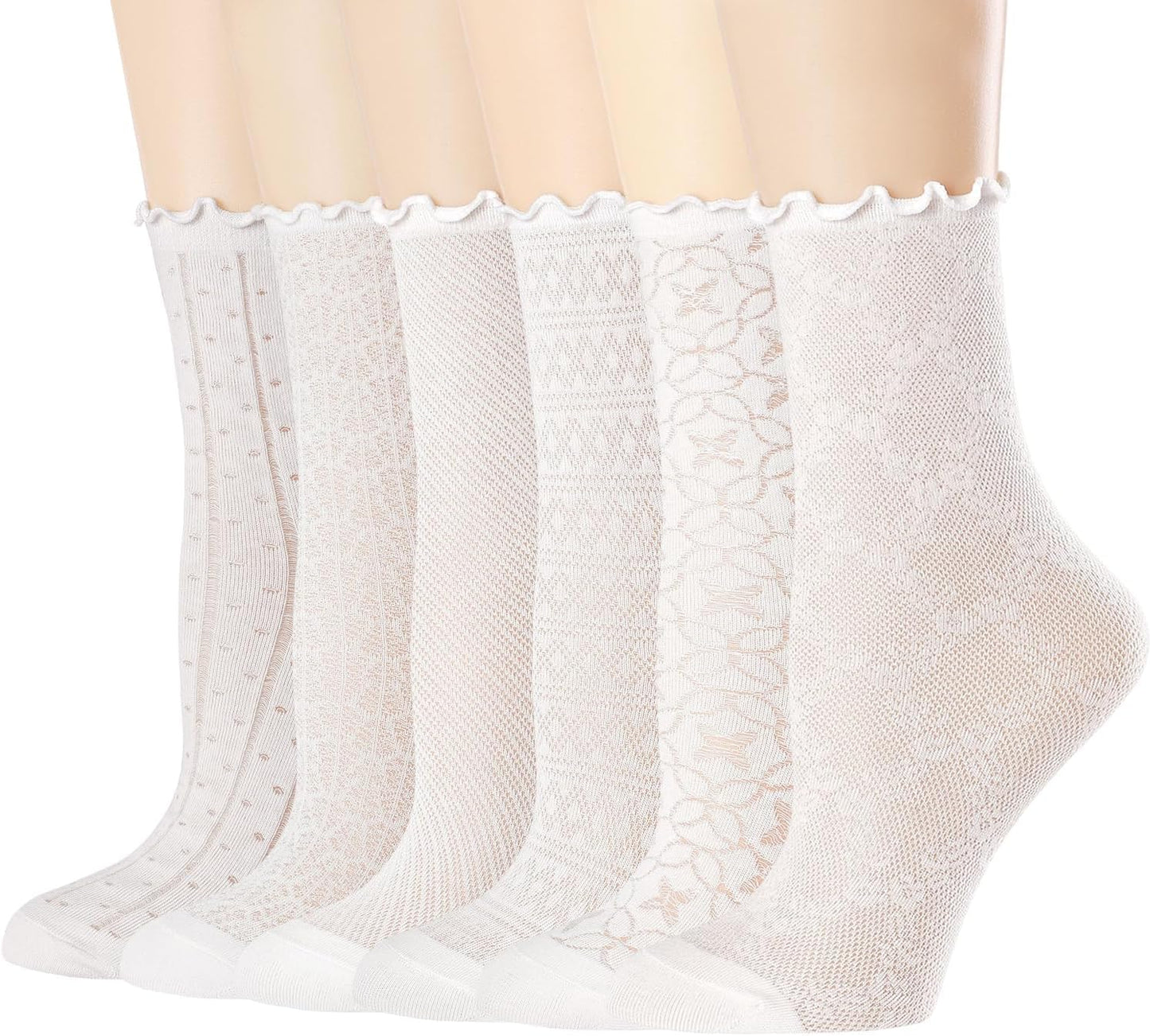 Mcool Mary Women's Ruffle Socks Mesh Casual Lace Cotton Ankle Ultra Thin Frilly Crew Socks for Women 6 Pairs