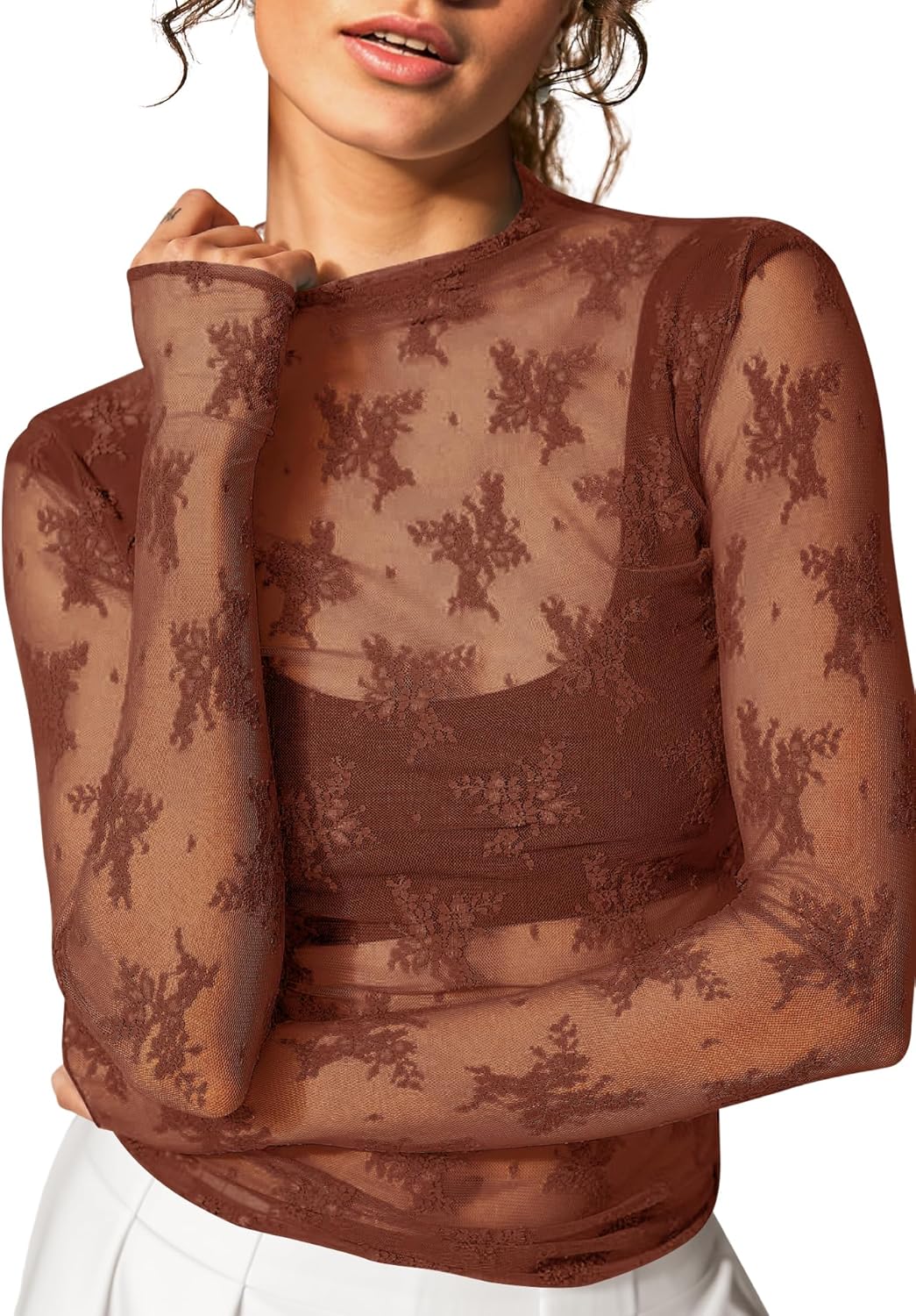 KTILG Womens Mesh Long Sleeve Top Sheer Blouse Sexy See Through Tee Shirt Lace Tops S-XXL
