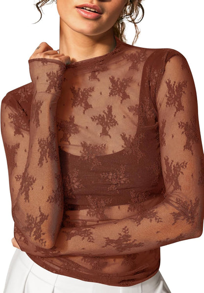 KTILG Womens Mesh Long Sleeve Top Sheer Blouse Sexy See Through Tee Shirt Lace Tops S-XXL