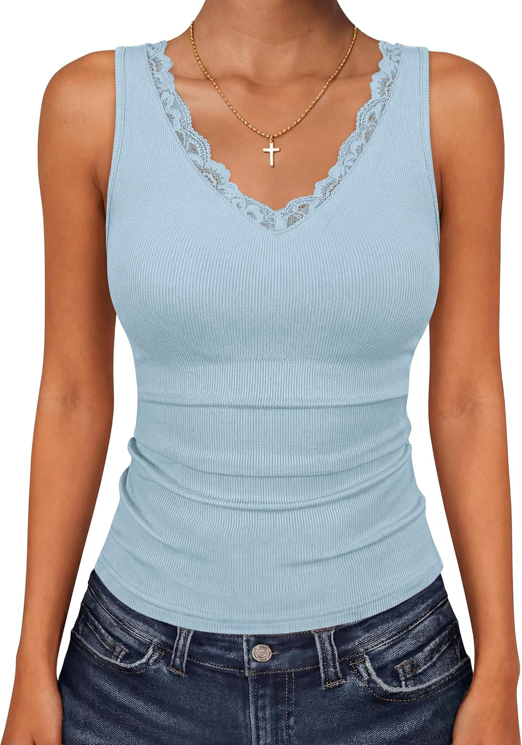 ZESICA Tank Tops for Women Summer Ribbed Knit V Neck Lace Trim Tanks Sleeveless Casual Going Out Cami Shirts 2026