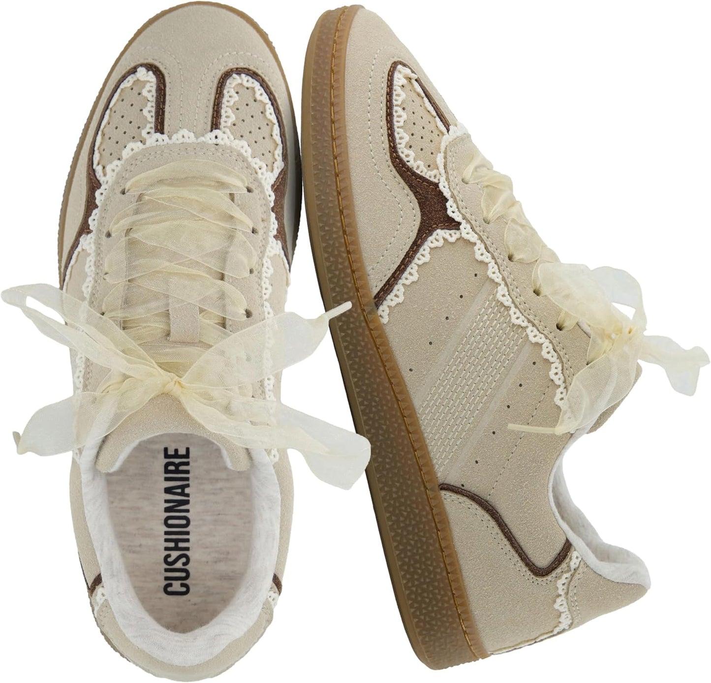 CUSHIONAIRE Belinda Women’s Lace Detail Casual Sneakers – Elegant Ribbon Lace-Up Shoes with Memory Foam