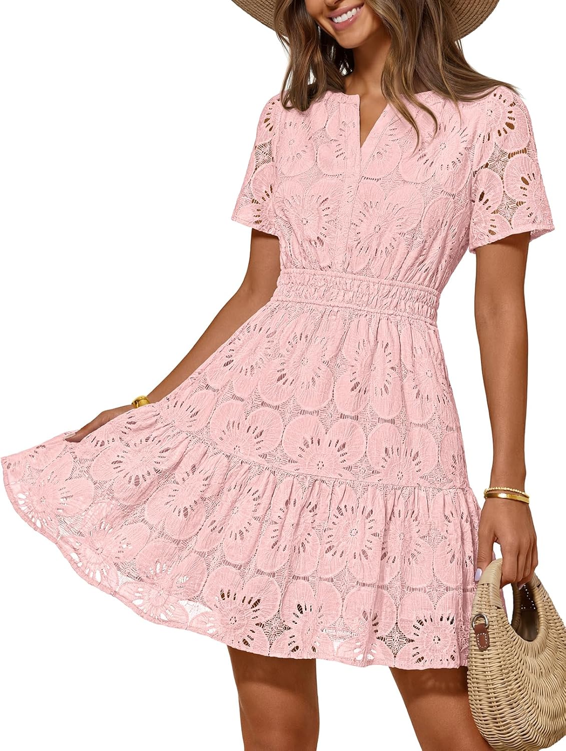 MEROKEETY Women's Spring Summer Lace Boho Dress 2026 Short Sleeve Eyelet Floral Ruffle A Line Vacation Beach Mini Dresses