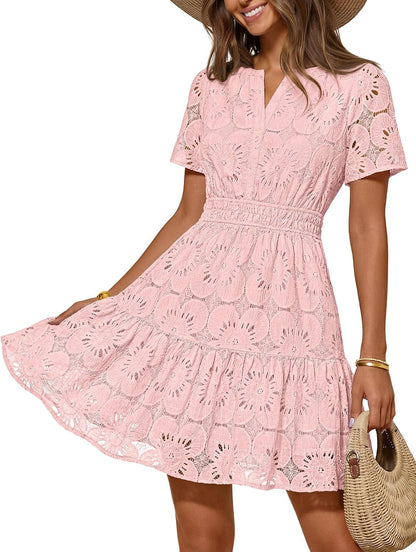 MEROKEETY Women's Spring Summer Lace Boho Dress 2026 Short Sleeve Eyelet Floral Ruffle A Line Vacation Beach Mini Dresses