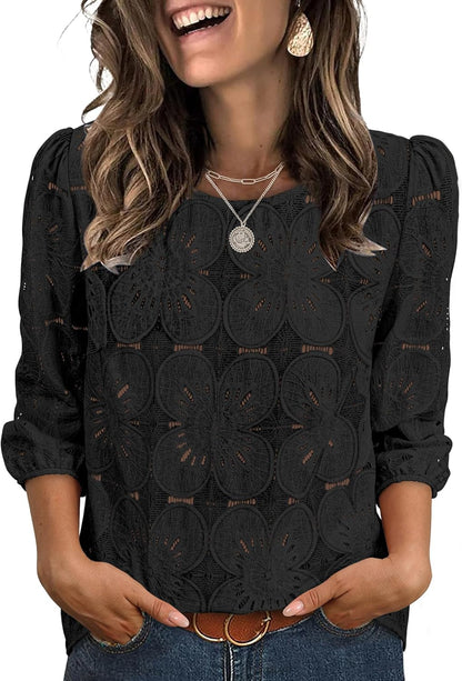 Sampeel Women Blouses Dressy Casual 3/4 Length Sleeve Tops Eyelet Lace Spring Summer Shirts Beach Vacation Clothes