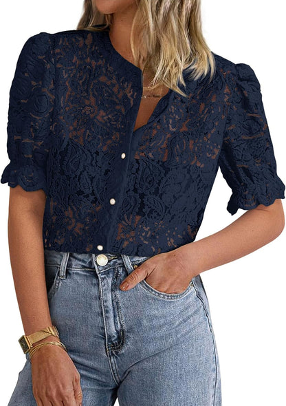 PRETTYGARDEN Womens 2026 Spring Lace Tops Short Puff Sleeve Casual Dressy Blouses Eyelet Crew Neck Button Down Shirts
