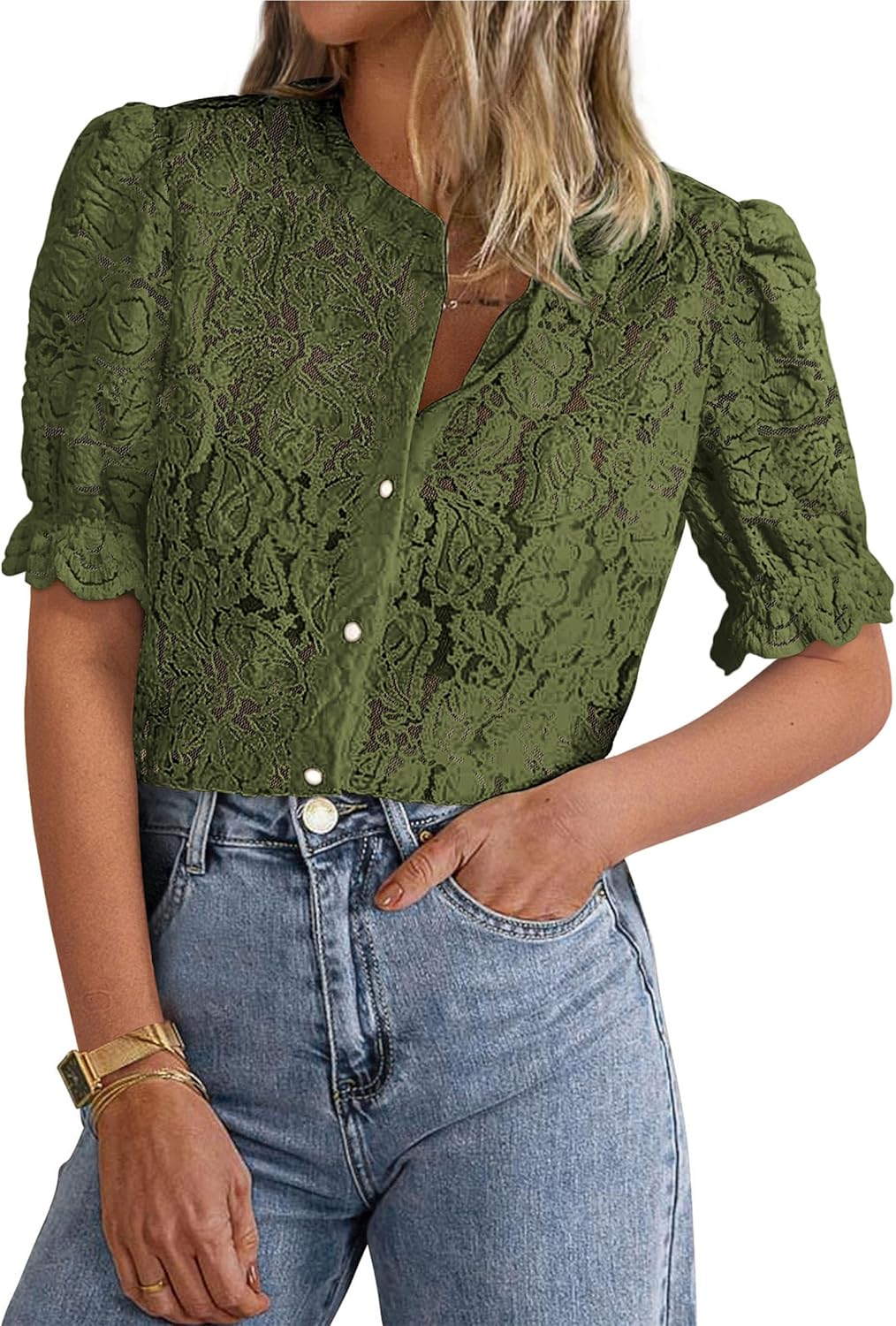 PRETTYGARDEN Womens 2026 Spring Lace Tops Short Puff Sleeve Casual Dressy Blouses Eyelet Crew Neck Button Down Shirts