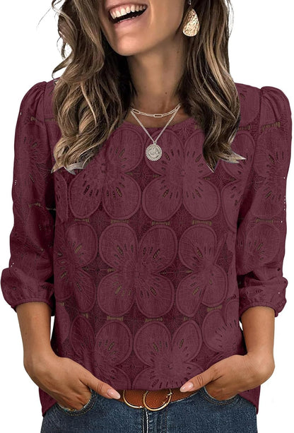 Sampeel Women Blouses Dressy Casual 3/4 Length Sleeve Tops Eyelet Lace Spring Summer Shirts Beach Vacation Clothes