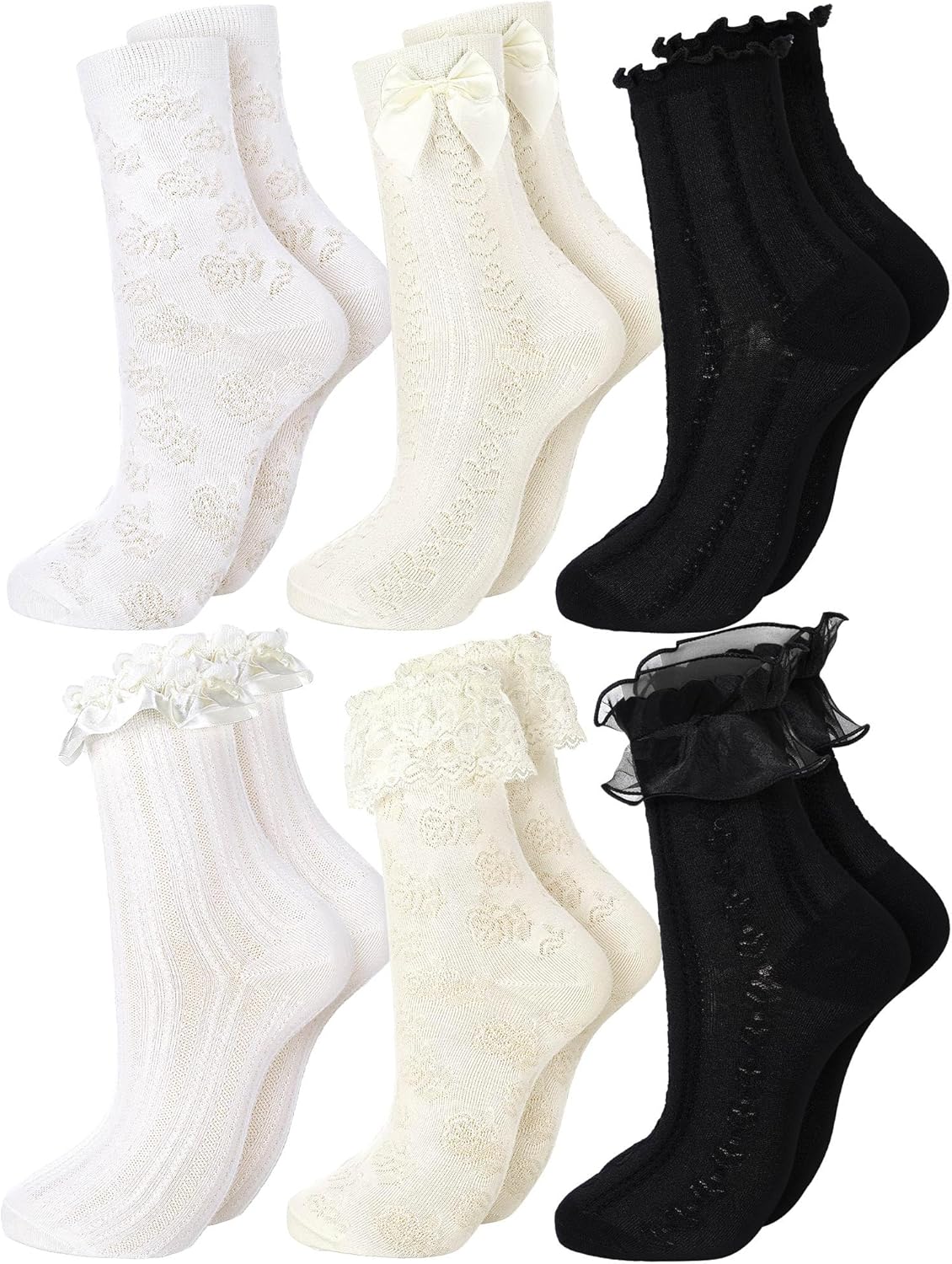 6 Pairs Ruffle Socks Women Frilly Lace Ankle Socks Cream Lolita Princess Bow Breathable
