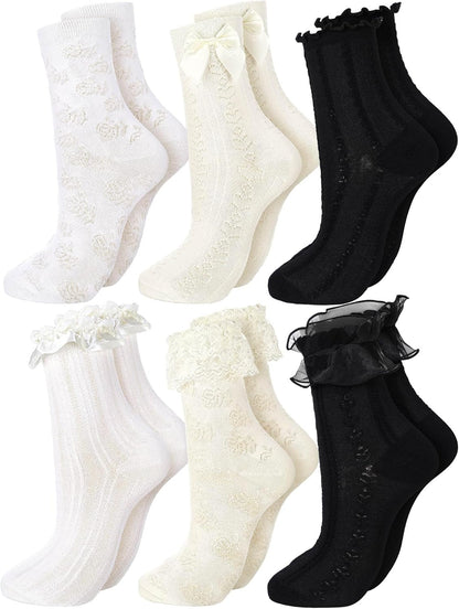 6 Pairs Ruffle Socks Women Frilly Lace Ankle Socks Cream Lolita Princess Bow Breathable
