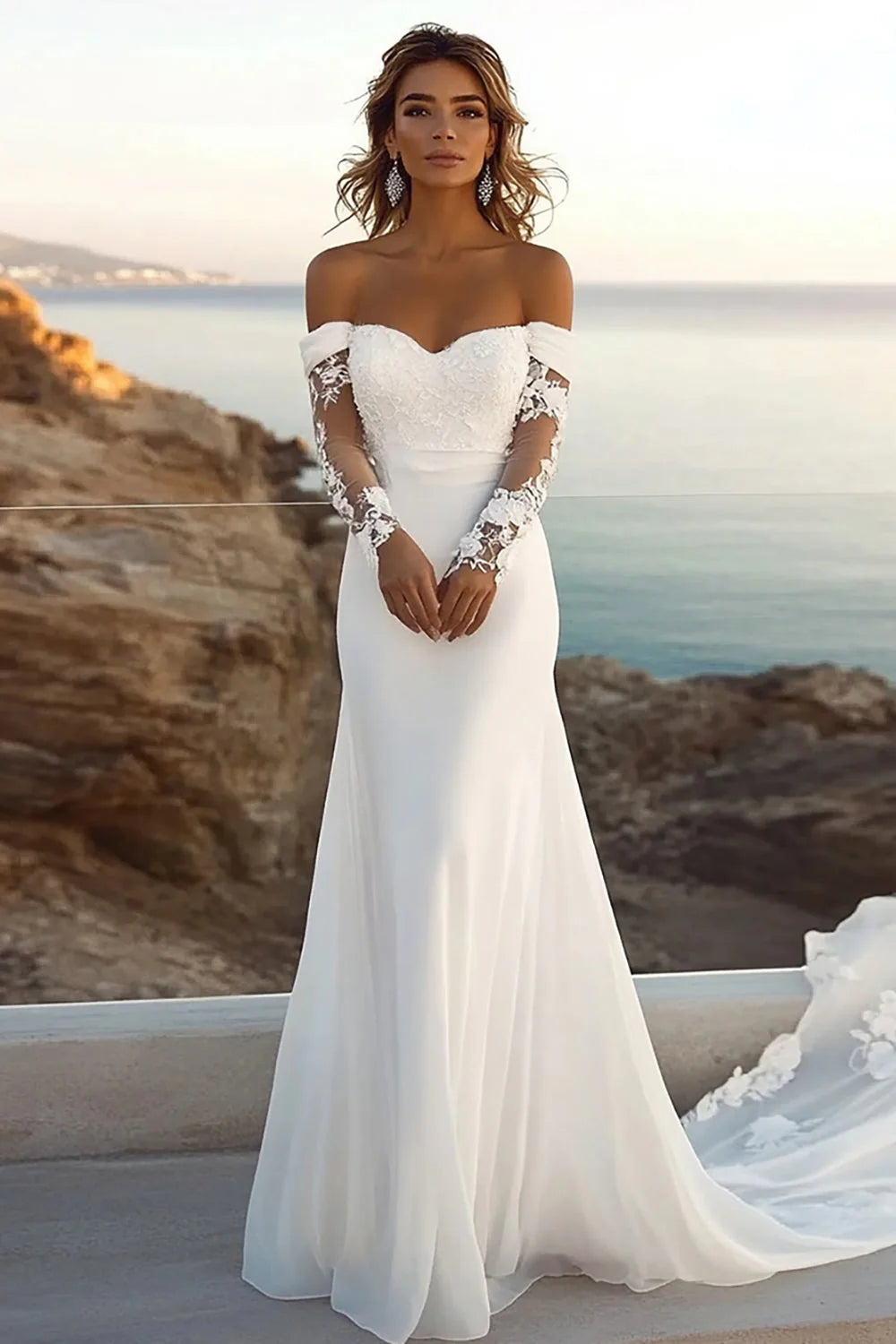 Ivory Chiffon Sweep Train Mermaid Wedding Dress with Lace Sleeves