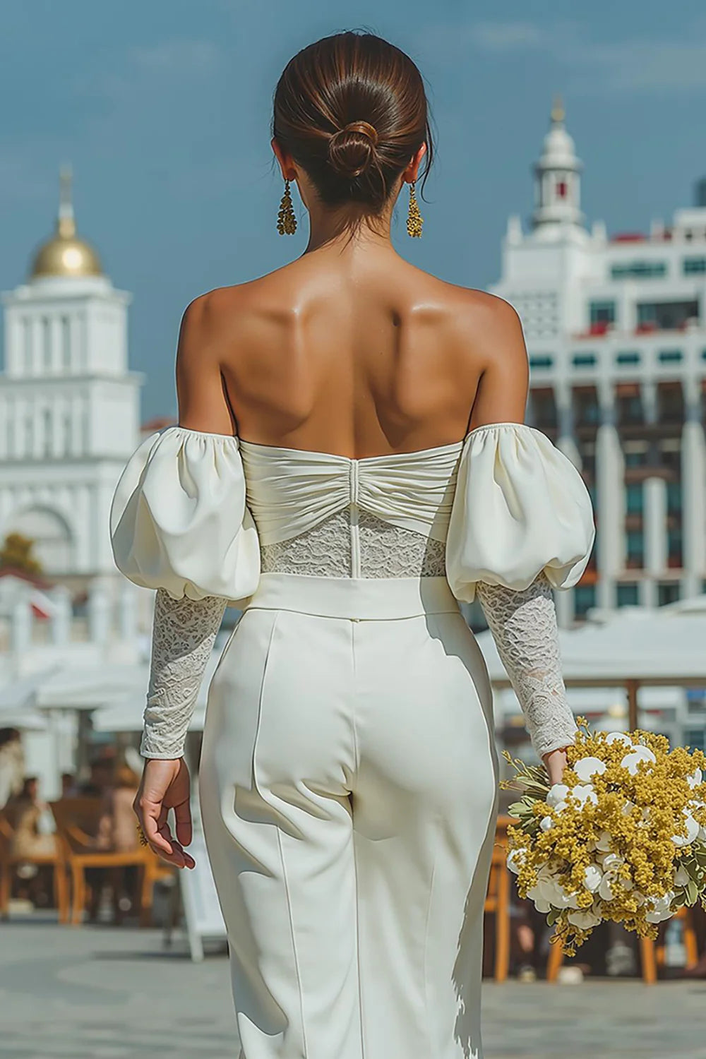 White Sweetheart Puff Sleeves Bridal Jumpsuits with Lace