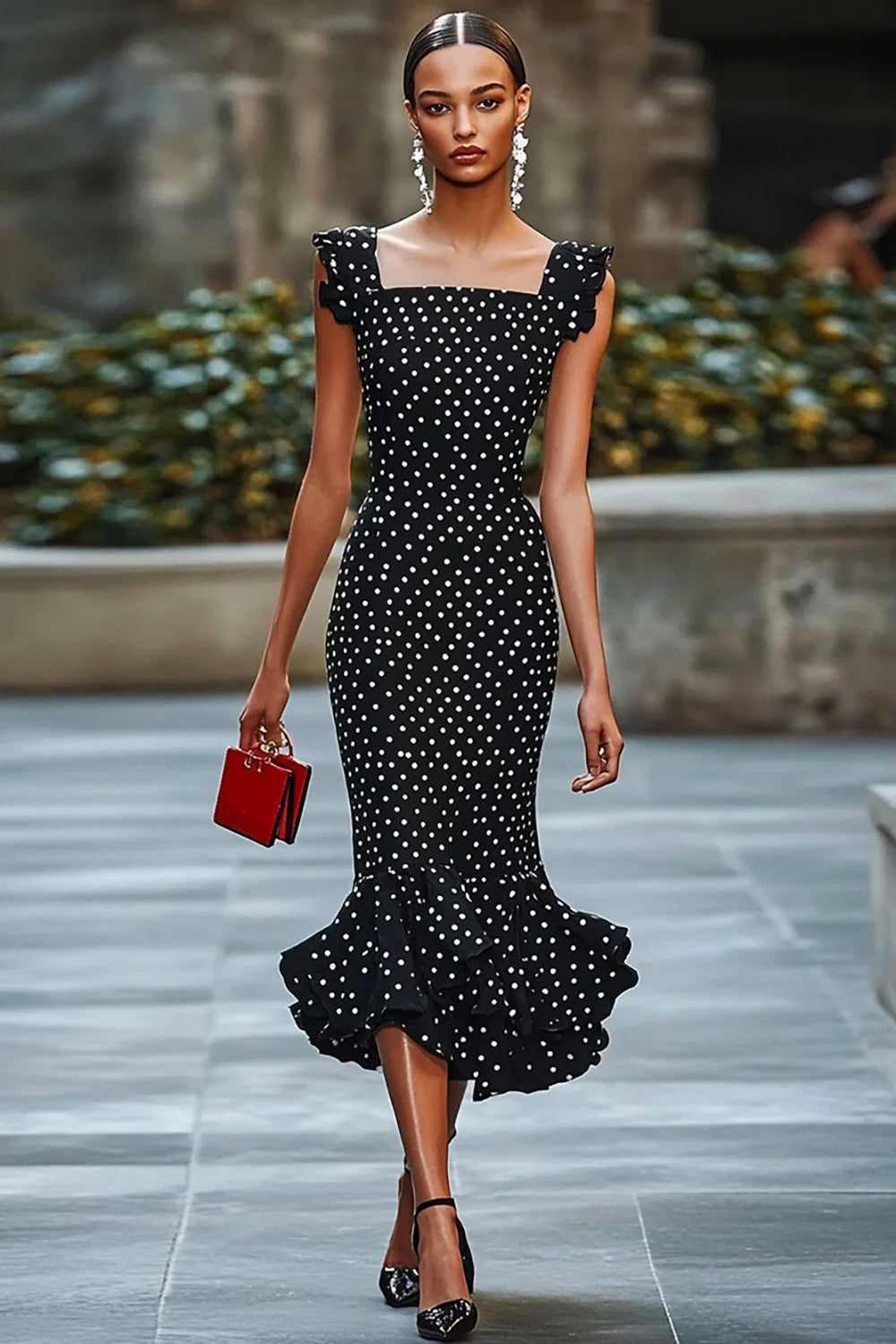 Chiffon Mermaid Boho Black and White Maxi Polka Dot Dress with Ruffles
