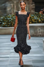 Chiffon Mermaid Boho Black and White Maxi Polka Dot Dress with Ruffles