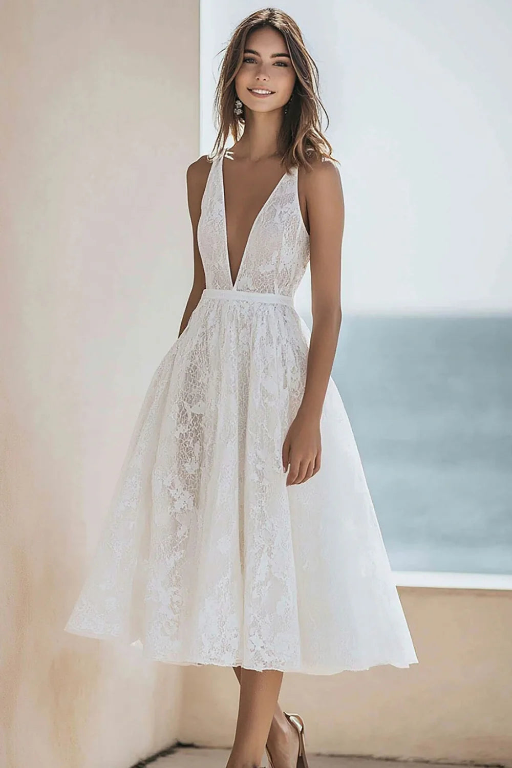 Lace A Line Maxi Deep V-Neck Ivory Engagement Dress