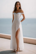 Sparkly Ivory Sequin A Line Maxi Wedding Reception Dress with Slit