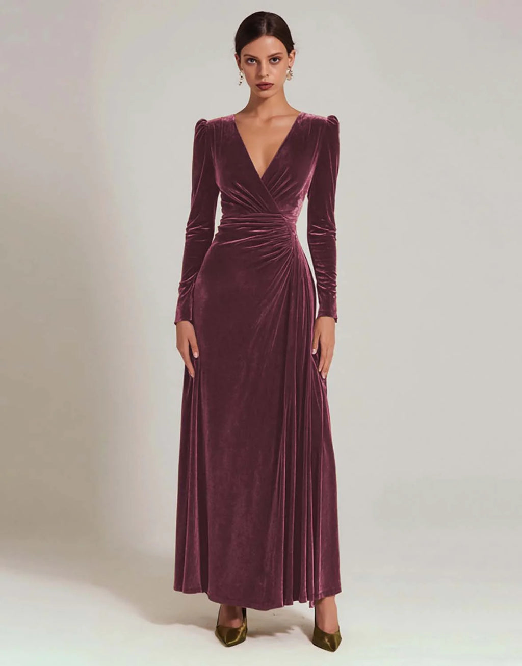 Olive Velvet A Line V-Neck Long Holiday Party Dress with Sleeves