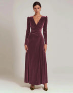 Olive Velvet A Line V-Neck Long Holiday Party Dress with Sleeves