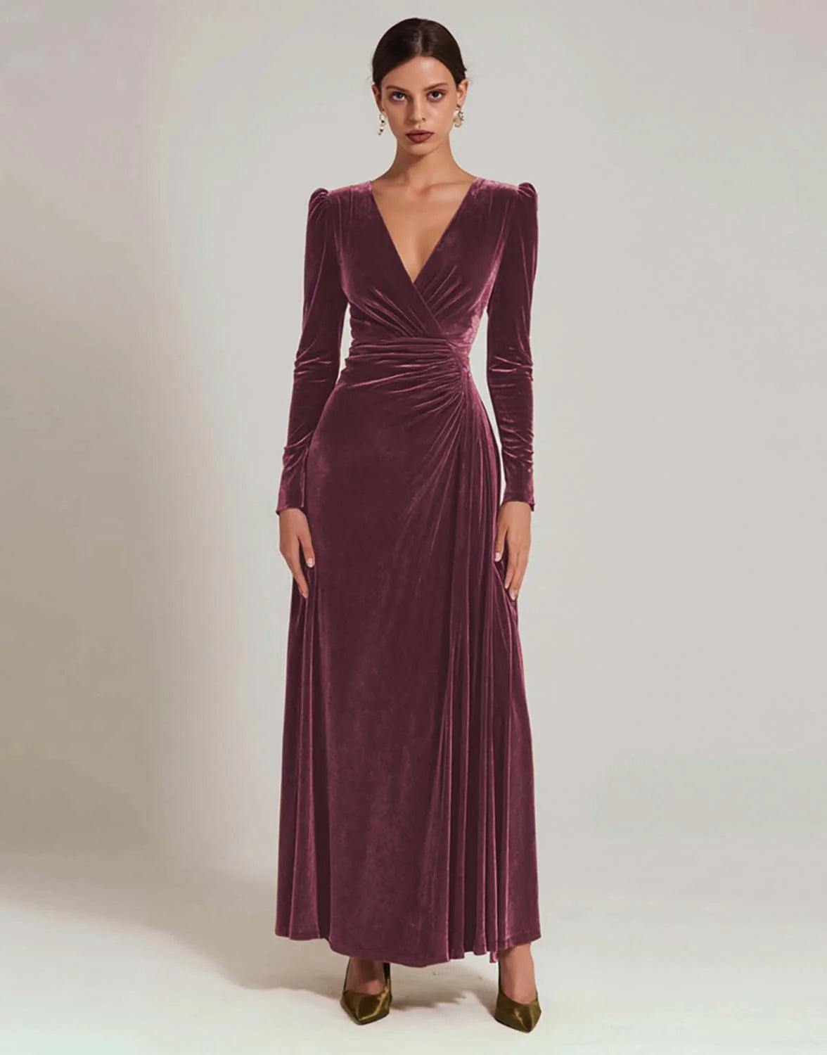 Olive Velvet A Line V-Neck Long Holiday Party Dress with Sleeves