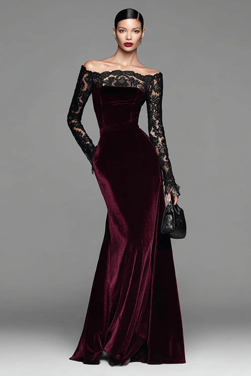 Burgundy Velvet Mermaid Long Sleeves Holiday Party Dress with Lace