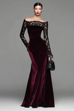Burgundy Velvet Mermaid Long Sleeves Holiday Party Dress with Lace