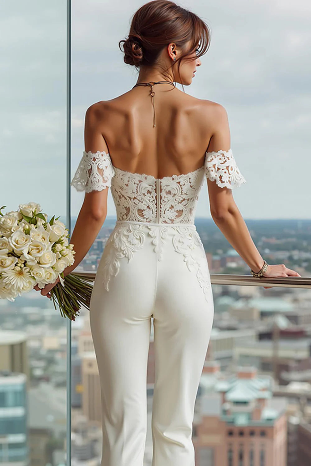 Simple White Sweetheart Bridal Jumpsuits with Lace