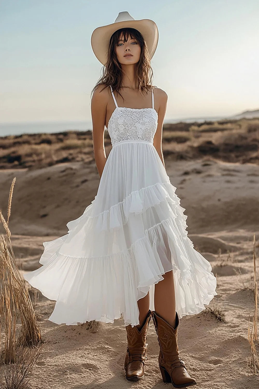 Chiffon Ivory Tiered High-Low Boho Western Wedding Dress with Lace