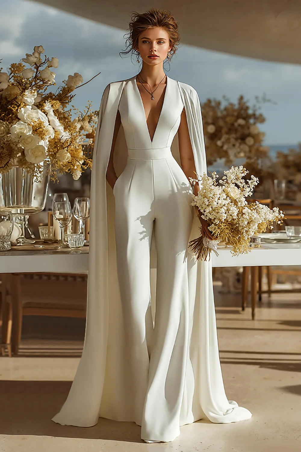 Ivory Deep V-Neck Satin Bridal Jumpsuits with Cape