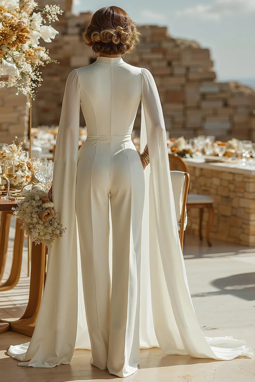 Ivory High Neck Keyhole Bridal Jumpsuits with Pockets
