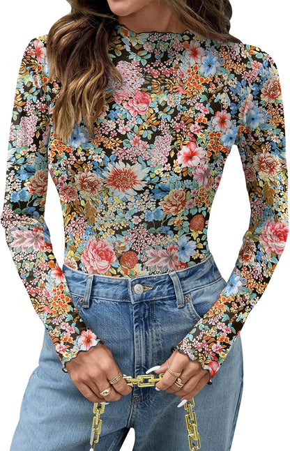 KTILG Womens Mesh Long Sleeve Top Sheer Blouse Sexy See Through Tee Shirt Lace Tops S-XXL