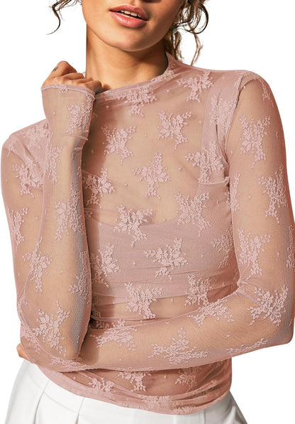 KTILG Womens Mesh Long Sleeve Top Sheer Blouse Sexy See Through Tee Shirt Lace Tops S-XXL