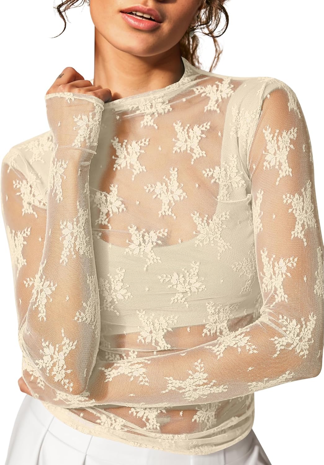 KTILG Womens Mesh Long Sleeve Top Sheer Blouse Sexy See Through Tee Shirt Lace Tops S-XXL