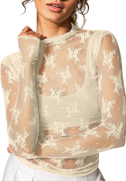 KTILG Womens Mesh Long Sleeve Top Sheer Blouse Sexy See Through Tee Shirt Lace Tops S-XXL