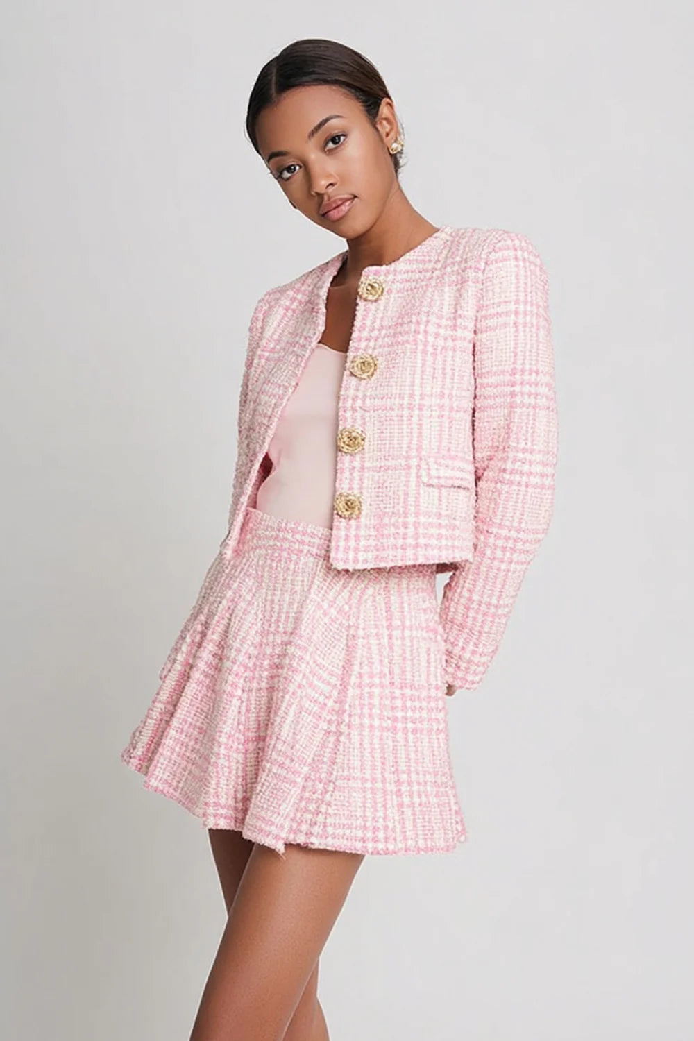 Pink Tweed Plaid 2 Piece Homecoming Outfits with Buttons