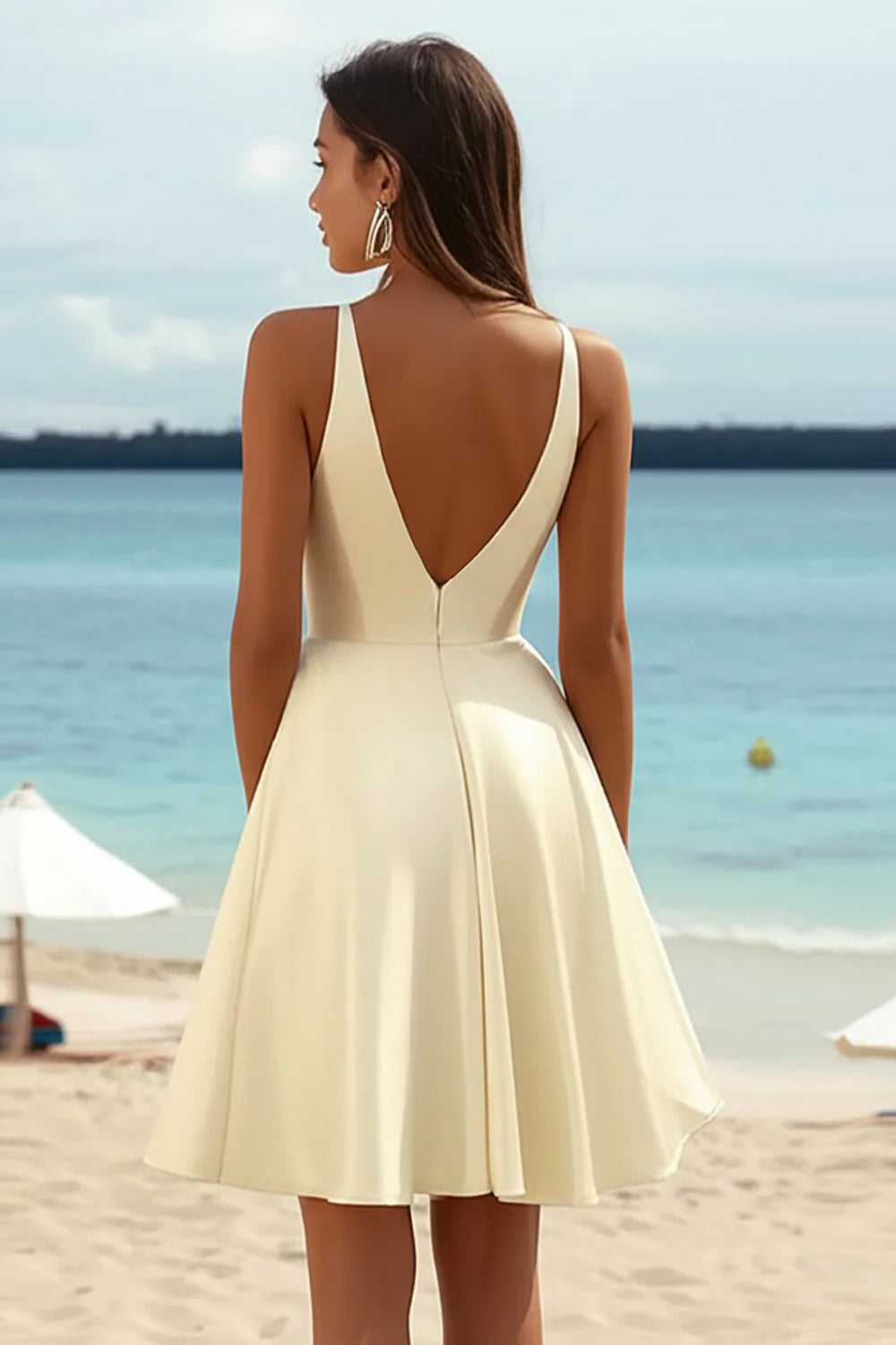 Daffodil Satin A Line Deep V Neck Short Graduation Dress