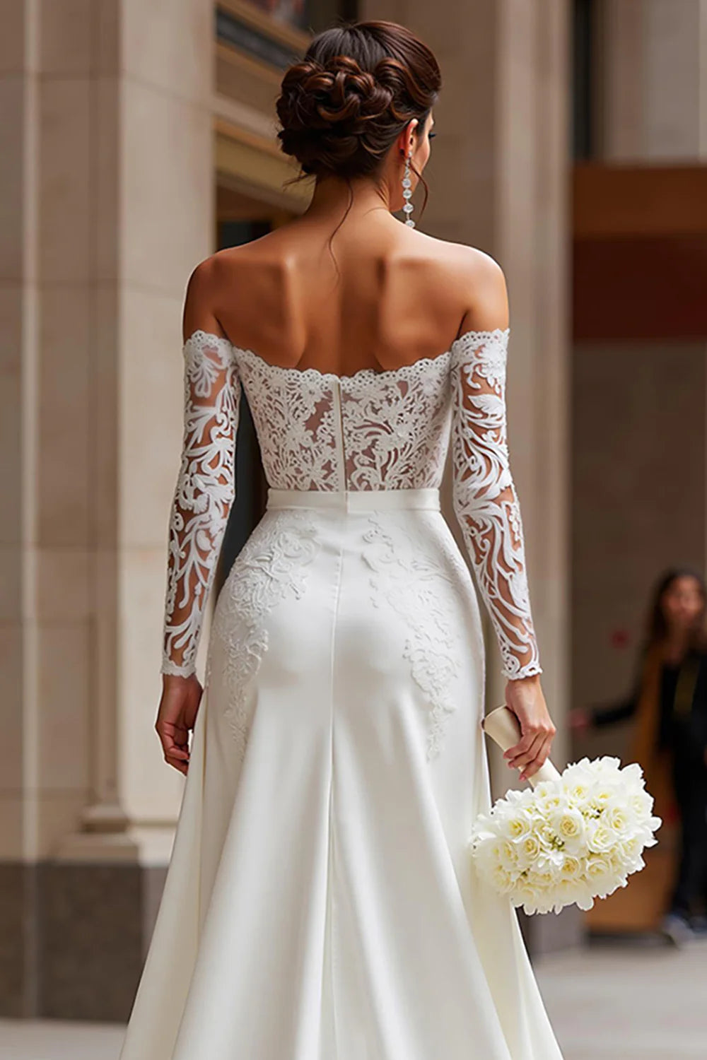 White Long Sleeves Appliqued Bridal Jumpsuits with Cape
