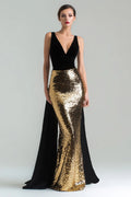 Sparkly Gold and Black V-Neck Mermaid Long Holiday Party Dress with Cape